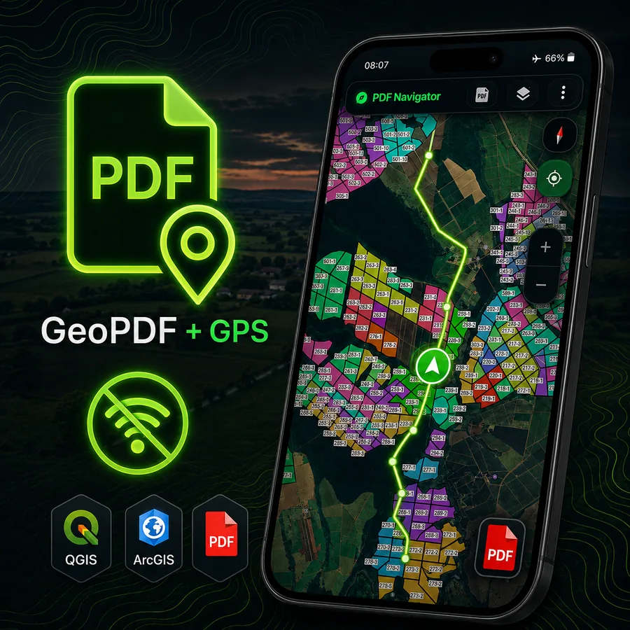 PDF Navigator mostrando navegação GPS sobre um mapa GeoPDF